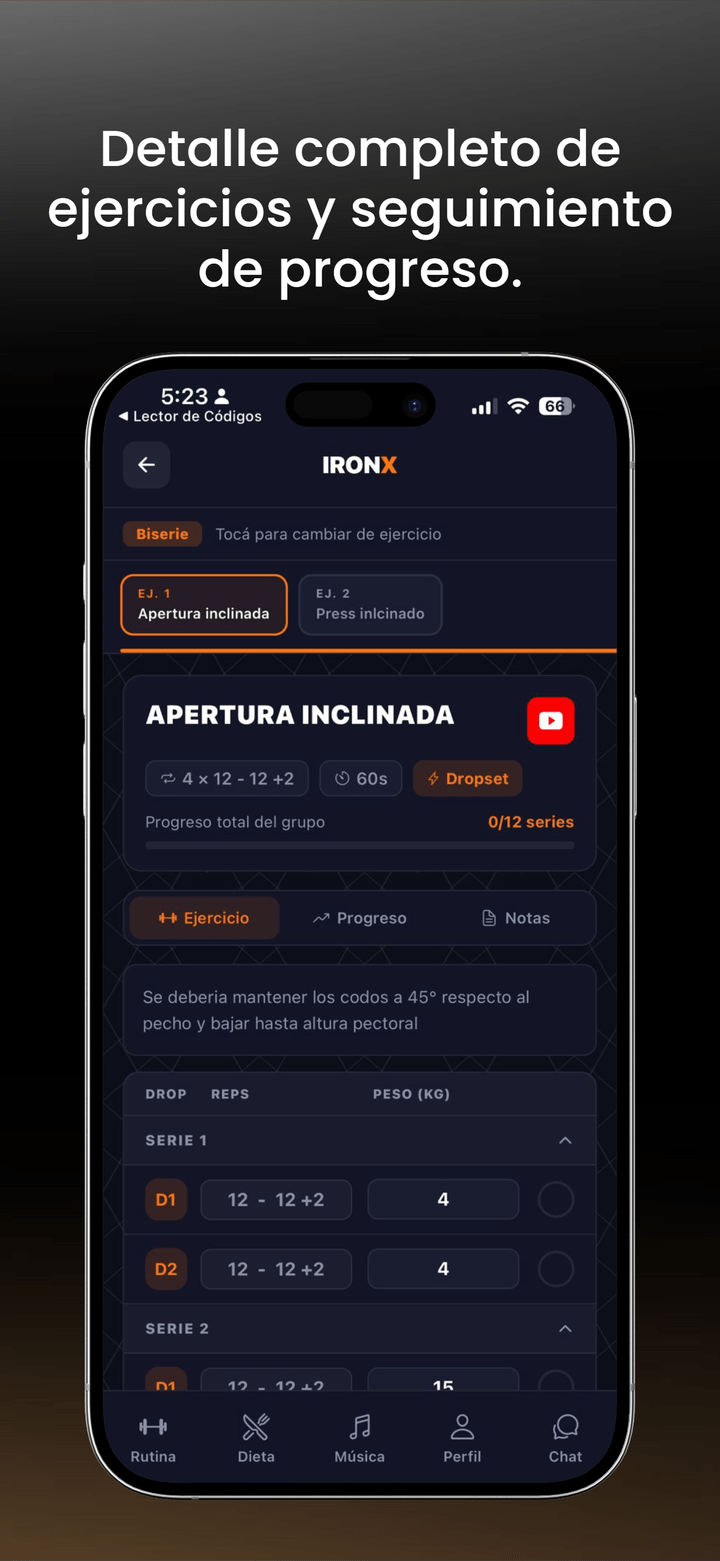 Detalle de ejercicio en la app IronXFit