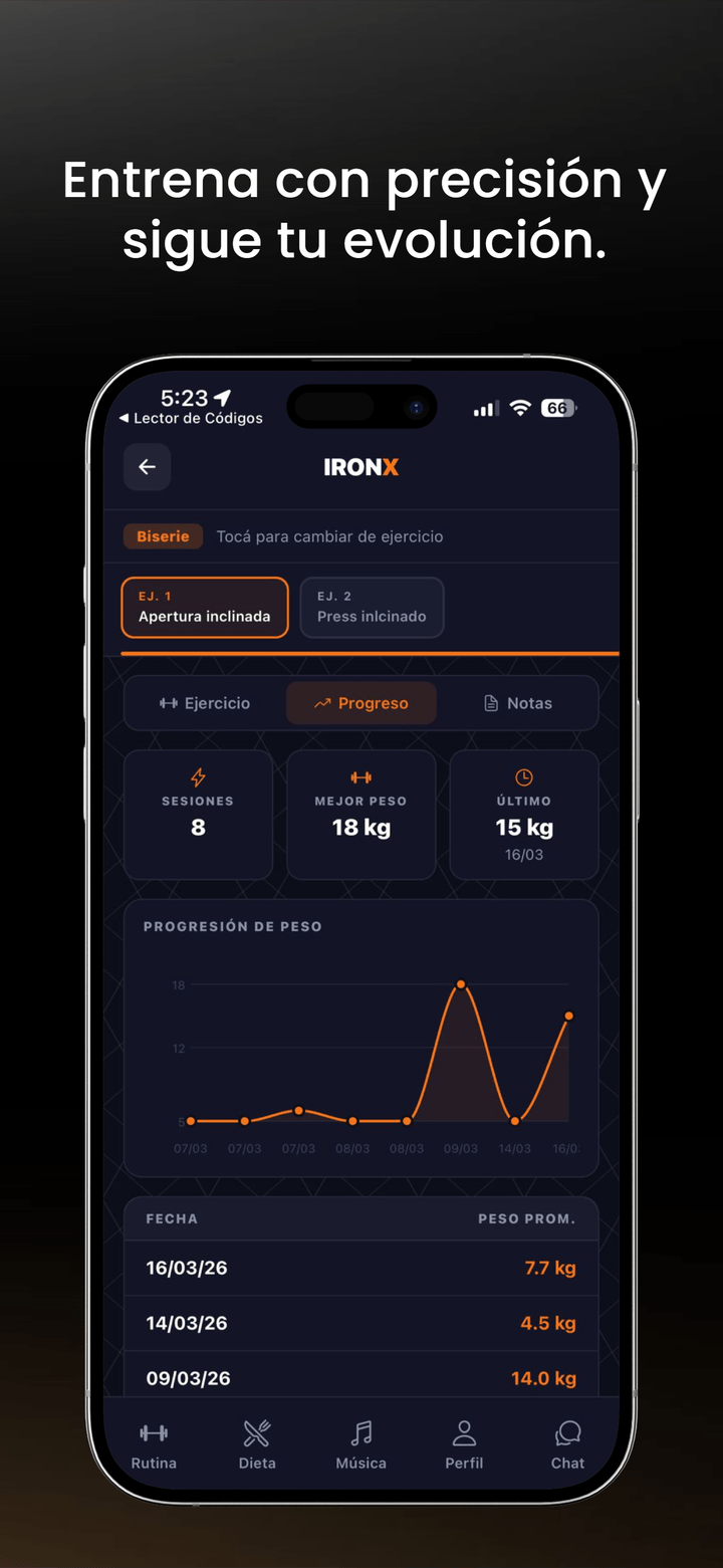 Progreso del alumno en la app IronXFit